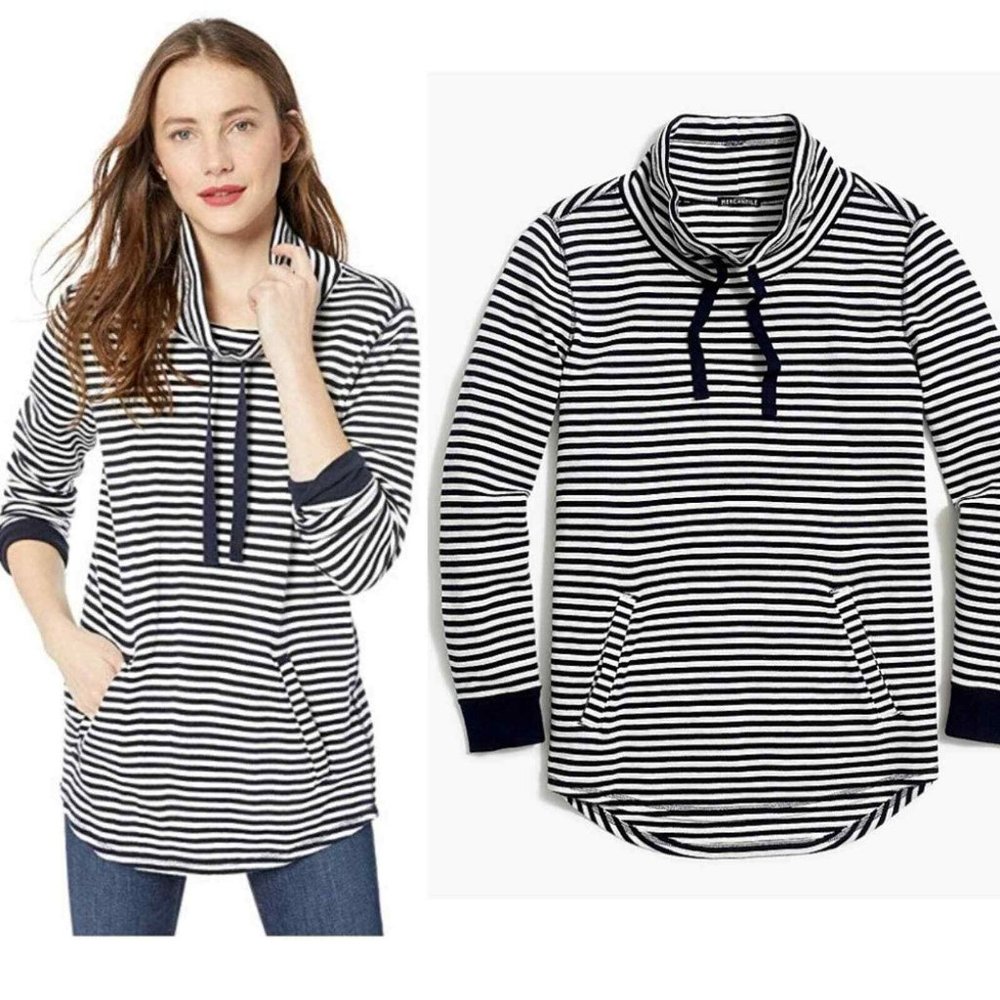 J.Crew Mercantile Waffle Knit Striped Funnel Neck Tunic Pullover Sweatshirt Top
